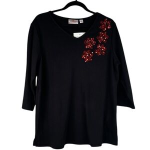 The Quaker Factory Black Red Sequin Dog Paw Print 3/4 Sleeve Top Size Large New!